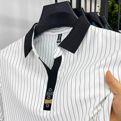 Brand striped design men's short sleeve fashionable polo shirt 2024 summer new cool and breathable casual lapel golf T-shirt