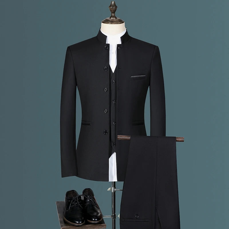 Suit (Blazer+ Vest + Pants) Men's Fashion Gentleman Business Outdoor Standing Collar Gentleman Wedding Work Casual MAO Suit
