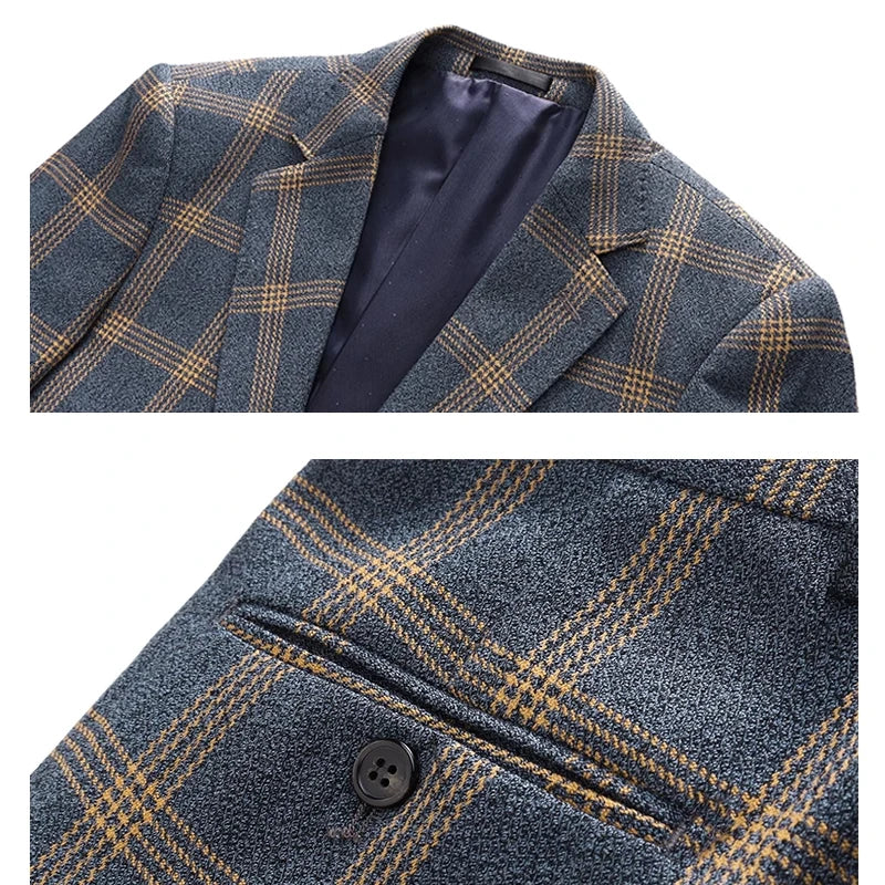 (  Blazer + Vest + Pants ) High-end Brand Gray Plaid Mens Formal Business Office Suit Three-piece Groom Wedding Dress Party Suit