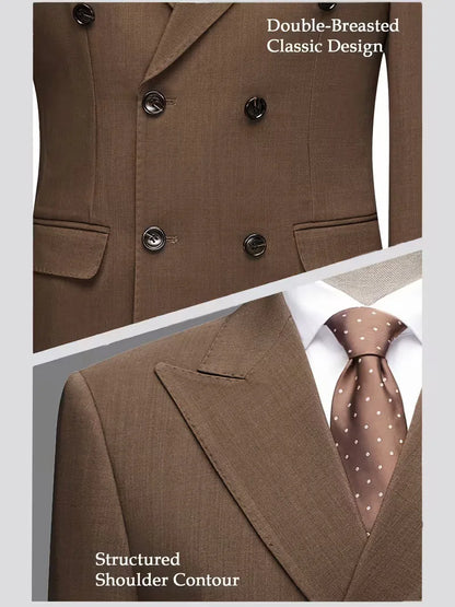 2026 New Double-Breasted Peak Lapel Men's Suit Set Two-Piece Coffee Beige Pink (Jacket   Pants) Casual Business B