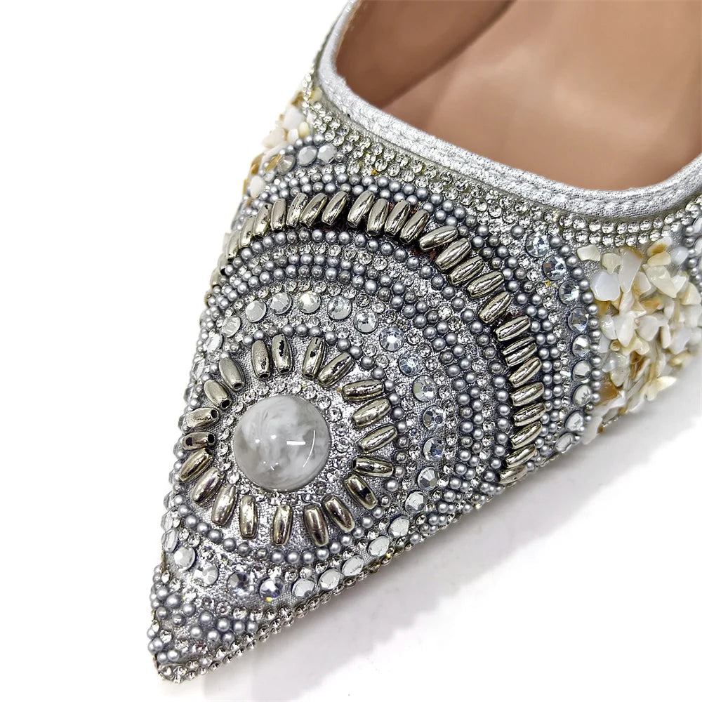 2025 Moda Mais Recente Chegada Laranja Ponta Fina Sandálias Femininas Sapatos com Bolsa Conjunto para Senhoras Festa de Casamento Salto