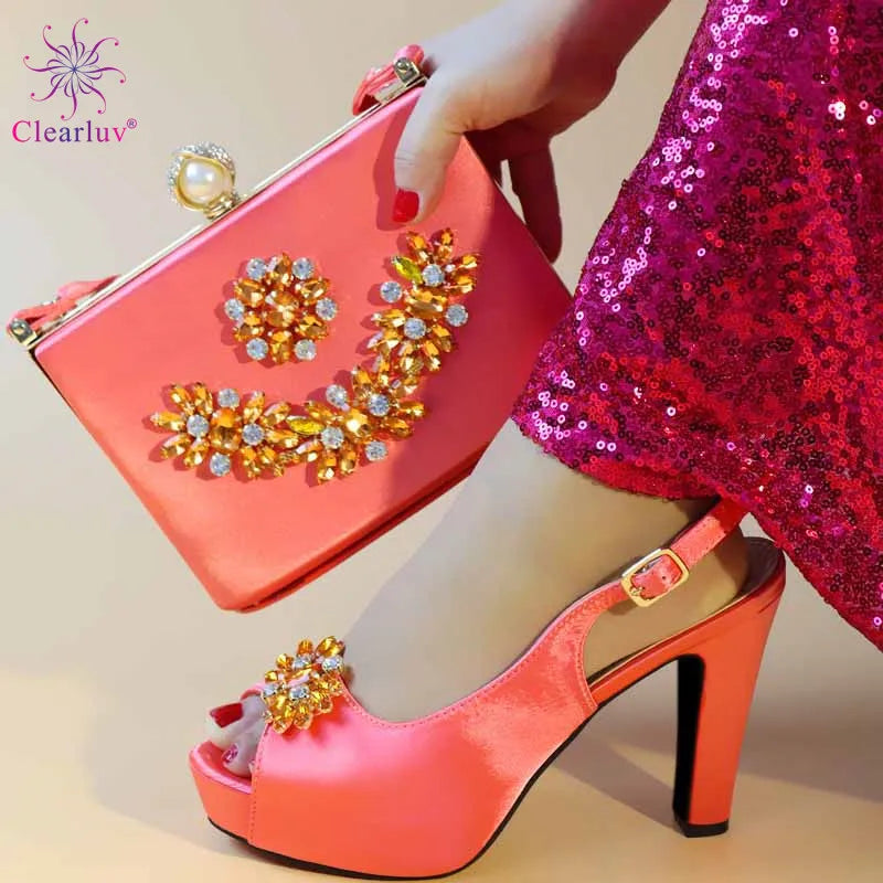 Latest Design Women Italian African Party Pumps Shoes and Bag Set Decorated with Rhinestone Women Shoe and Bag for Nigeria Party
