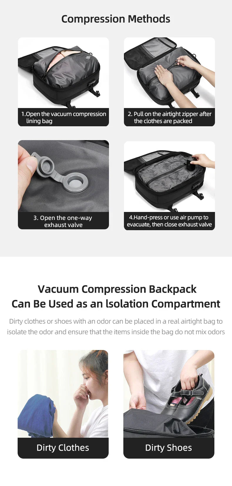 Travel casual Backpack 16 inch vacuum compression Laptop Backpack USB charging school Backpack Extended Hiking Business backpack