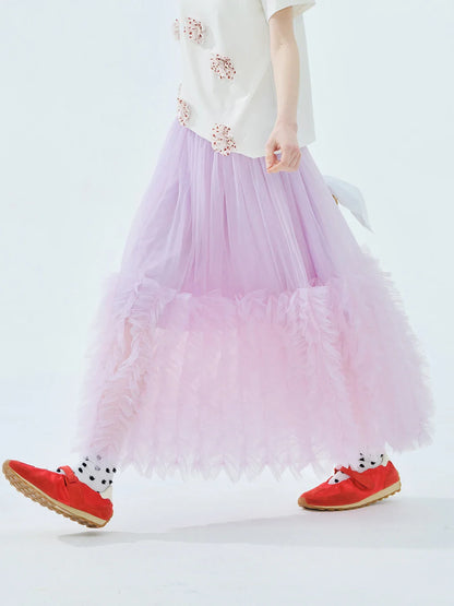 Women's Light Purple Tulle Midi Skirt with Ruffled Hem Elastic Waist Casual Fairy Style Summer  Flowy A-Line Skir 255106