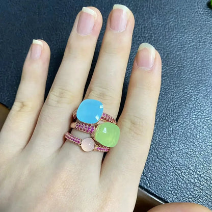 Conjunto de 3 anéis empilháveis ​​Nudo para mulheres, conjunto com cores mistas, cristais tipo bala incrustados, zircônia, ametista, topázio azul, joia redonda, presente