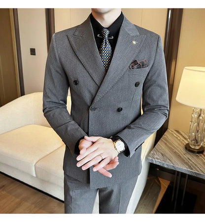 (Jackets+Pants) Luxury Double Breasted Design Slim Fit Suit High Quality Fashion Men's Wedding Social Suit Tuxedo 2 Piece Set