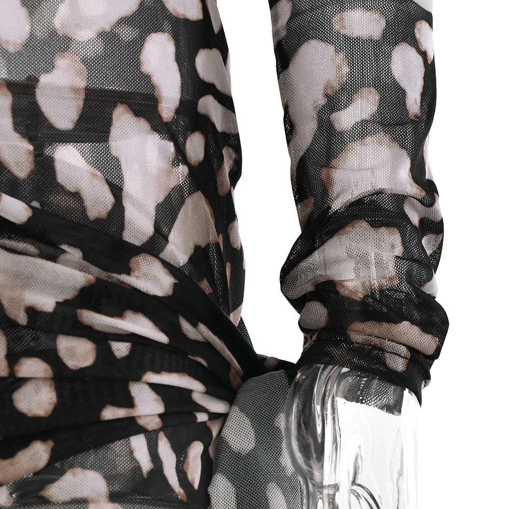 Sexy Sheer Print Leopard Bandage Women Dress Long Sleeve Mini Dress Lady Spring Slim Elegant Party Club Dress