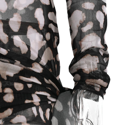 Sexy Sheer Print Leopard Bandage Women Dress Long Sleeve Mini Dress Lady Spring Slim Elegant Party Club Dress