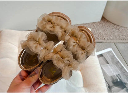 Girls' Sandals 2024 Summer New Fairy Style Princess Sandals with Mesh Bow Kids Versatile Fashion Sweet Beach Shoes for Vacation