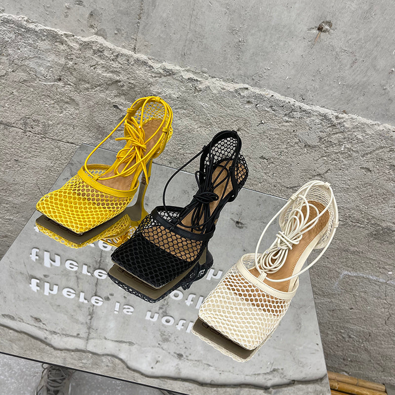 2025 Summer Sexy Mesh Pumps Sandals Female Square Toe High Heel Lace Up Cross-Tied Stiletto Hollow Dress Party Shoes