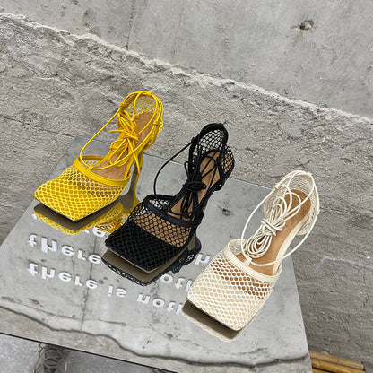 Summer Sexy Mesh Pumps Sandals Female Square Toe High Heel Lace Up Cross-Tied Stiletto Hollow Dress Party Shoes