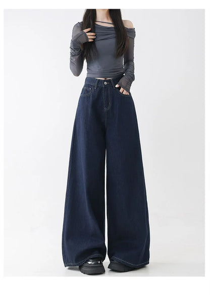 High Waist Straight Leg Loose Fit Denim Jeans Women's Floor Length Lazy Wide Leg Meat Concealing Deep Blue American Style Long P