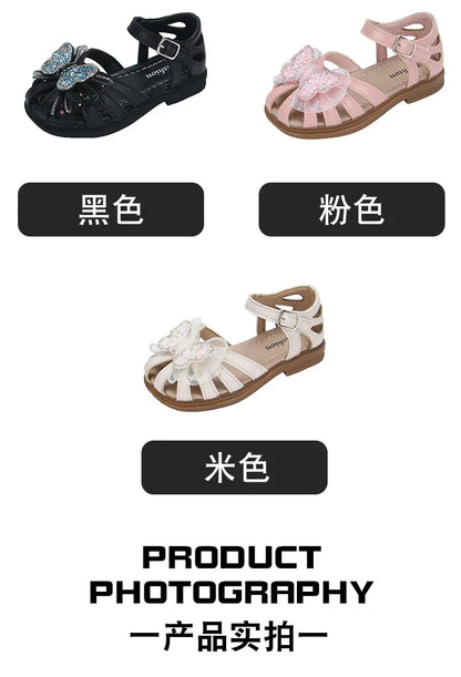 Shine Children Sandals for Girls Butterfly Cute Designer Kids Shoes Peep-toe Korean Style 2023 Summer New Soft Breatheable Chic