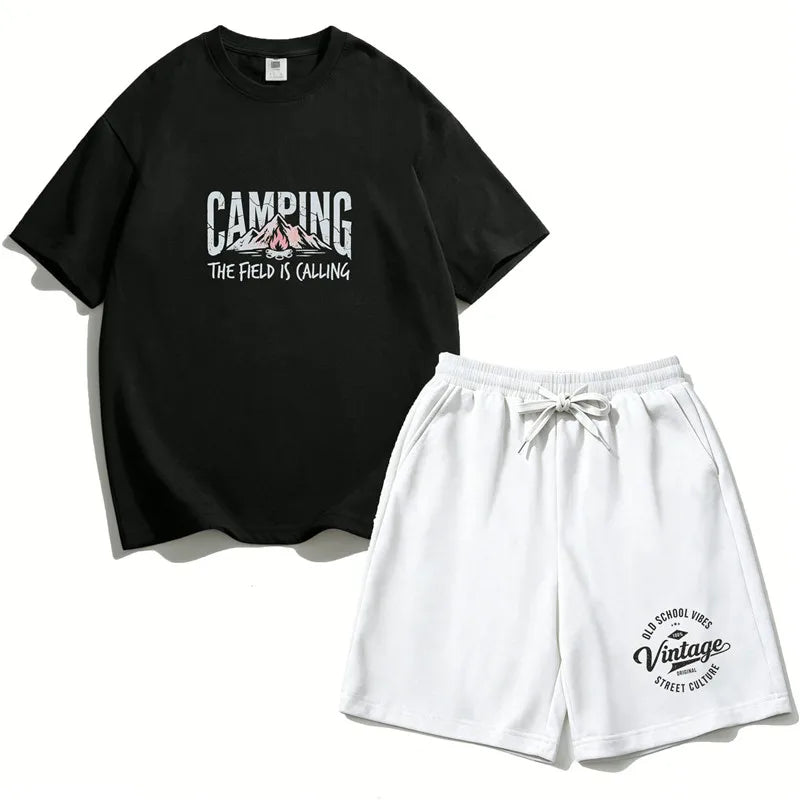Boys 2PCS Cotton Outfit Set Mountain Print Short Sleeve Tee + Elastic Waist Shorts Camping Summer Set LH21