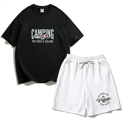 Boys 2PCS Cotton Outfit Set Mountain Print Short Sleeve Tee + Elastic Waist Shorts Camping Summer Set LH21