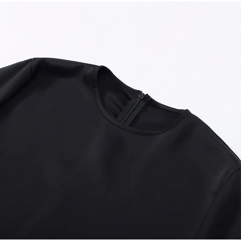 Women's Satin Blouse With Lace Trim Fashion O-neck Long Sleeve Lace Up Waist Irregular Tops 2026 Spring New Chic Lady Streetwear