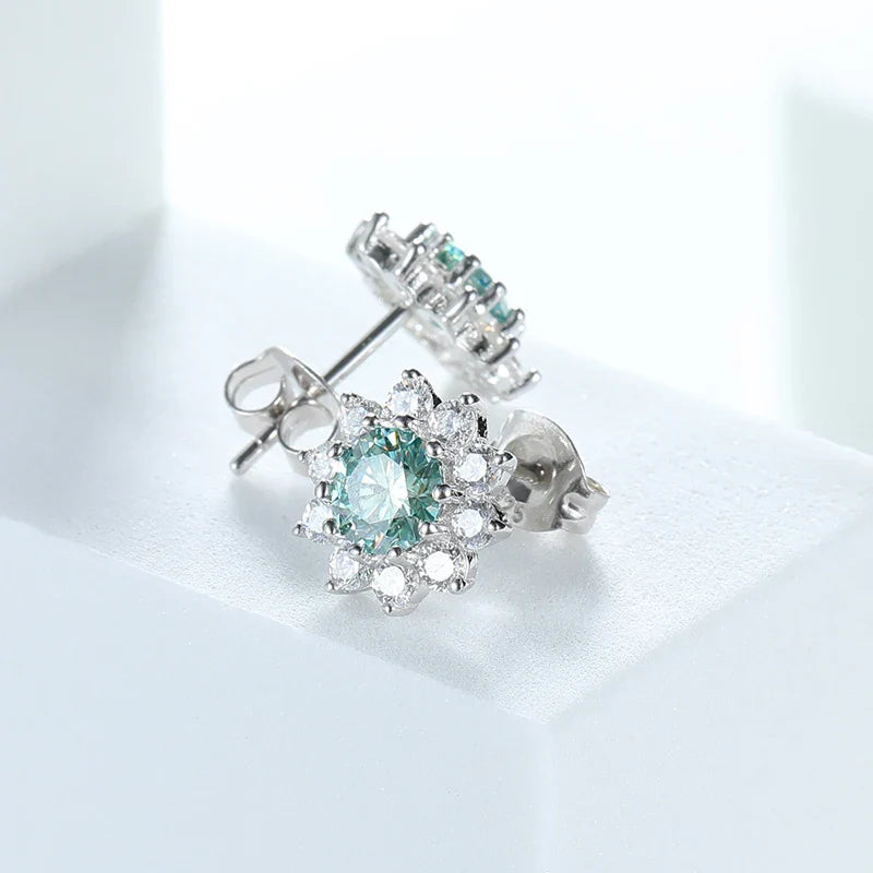 0.5CT 5MM Blue-green Moissanite Sunflower Stud Earrings Colorful Wedding Bride Brilliant Halo 925 Silver Luxury Ear Studs