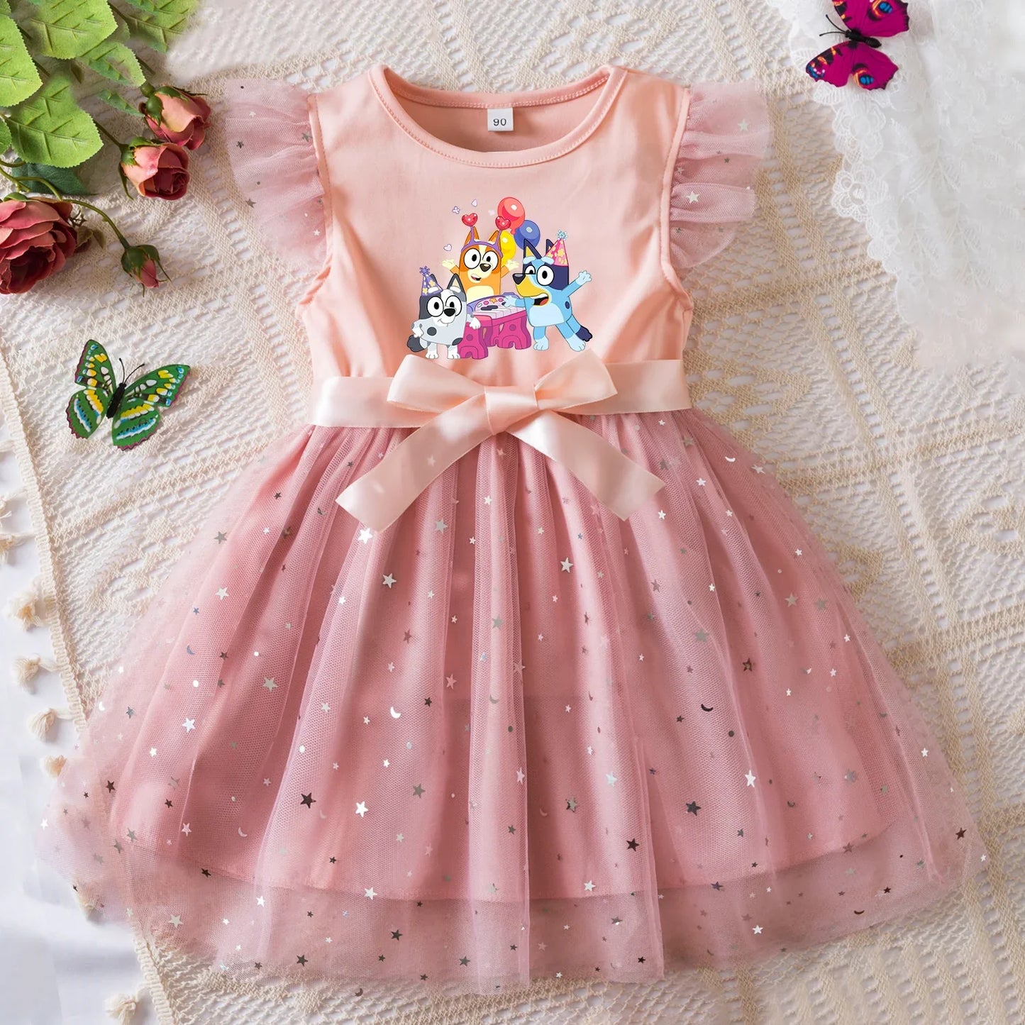 Girls Sequin Tutu Dress with Bow Flutter Sleeves Summer Princess Party Outfit for Toddler Kids 2-6 Years