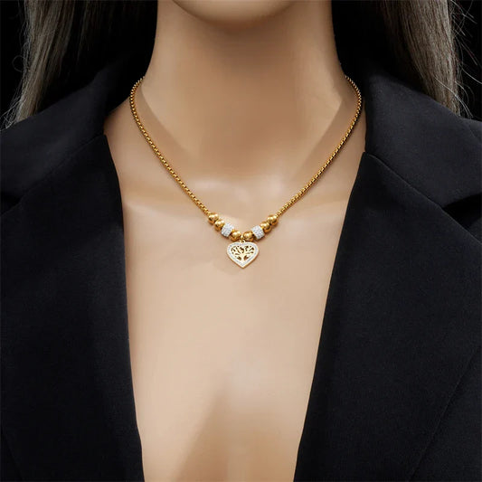 316L Stainless Steel Heart-Shaped Tree Pendant Necklace For Women New Fashion Beads Choker Chains Jewelry Gift Party