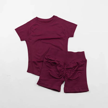 Seamless Yoga Set Fitted Workout Clothes Woman Gym Wear Short Sleeve Top Shirt Scrunch Booty Gym Shorts 2 Piece Sports Suits
