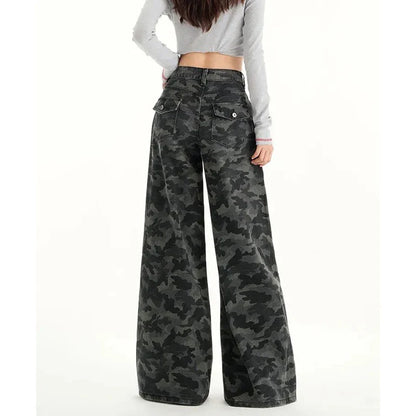 Women Retro Casual Straight Leg Jeans Female High Waist Camouflage Cargo Pants Girls High Street Fashion Denim Trousers