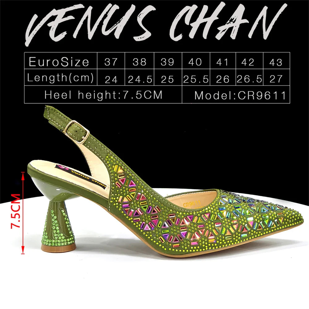 Elegant Champagne Color Pointed-Toe Italian Women's High-Heeled Shoe and Bag Set with Full Diamond Design for Parties