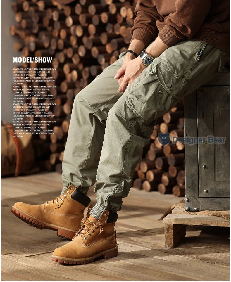 Brand Clothing 2026 Spring Summer Men's Baggy Cargo Pants Multi-Pocket Work Joggers Casual Cotton Tapered Trousers Long Pants