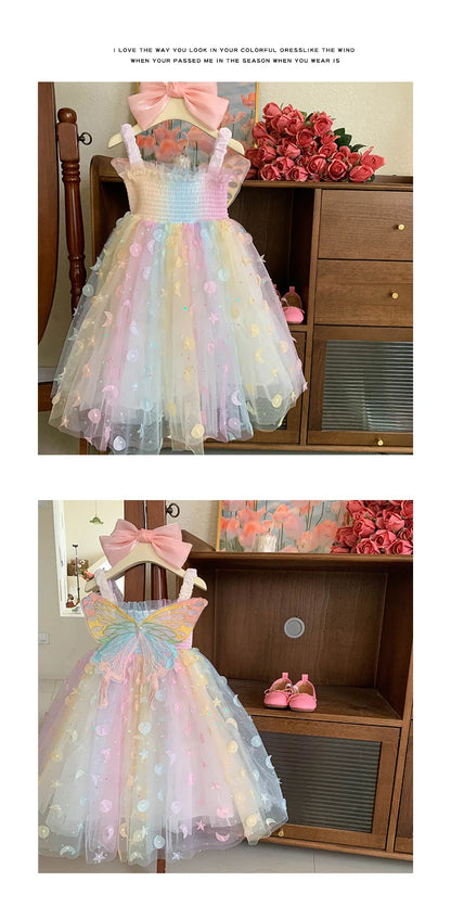 Korean Style New Summer Baby Girl Princess Dress Square Collar Mesh Sleeveless Dresses Children Clothing E23076