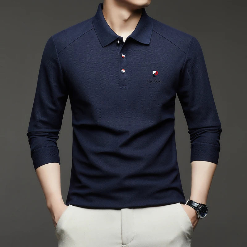 Original Design Men's Polo Shirt Lapel Long Sleeve T-Shirt Autumn New Solid Exquisite Letter Embroider Business Smart Menswear