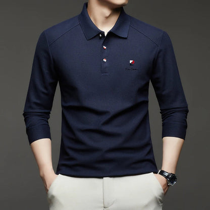 Original Design Men's Polo Shirt Lapel Long Sleeve T-Shirt Autumn New Solid Exquisite Letter Embroider Business Smart Menswear