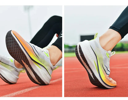 Sapatos de corrida esportivos casuais masculinos e femininos de moda com superfície de malha respirável, suporte de placa de carbono e sola de borracha resistente ao desgaste