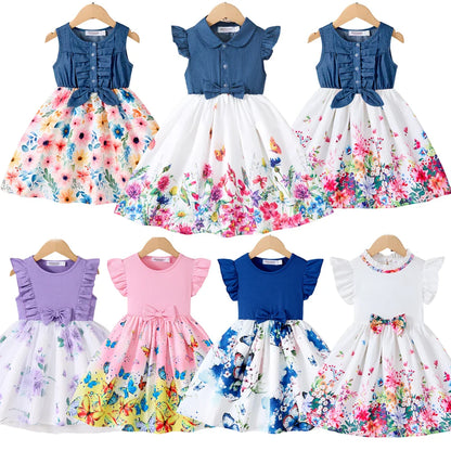 New Summer Children Dresses With Bow Print Casual Dress Outdoor Carnival Birthday Party Girl Clothes Cute Girl Skirt 2-10Y