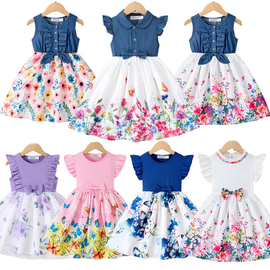 New Summer Children Dresses With Bow Print Casual Dress Outdoor Carnival Birthday Party Girl Clothes Cute Girl Skirt 2-10Y