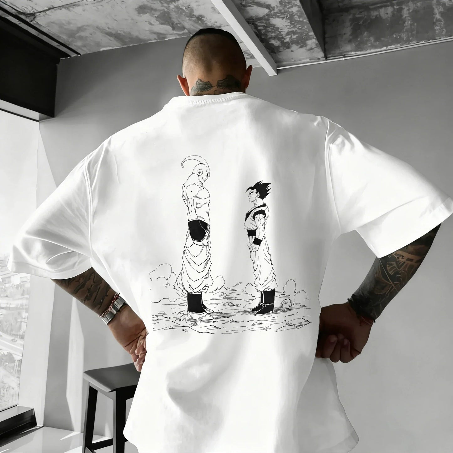 Oversized T-shirt High Quality 100% Cotton Kid Goku with Power Pole Line Art Print UnisexCasual Y2K