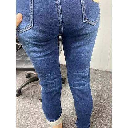 Winter Lady Thermal Plush Jeans Snow Warm Stretch Jeans Hot Sale High Waist Fleece Pants Female Straight Leg Denim Trousers