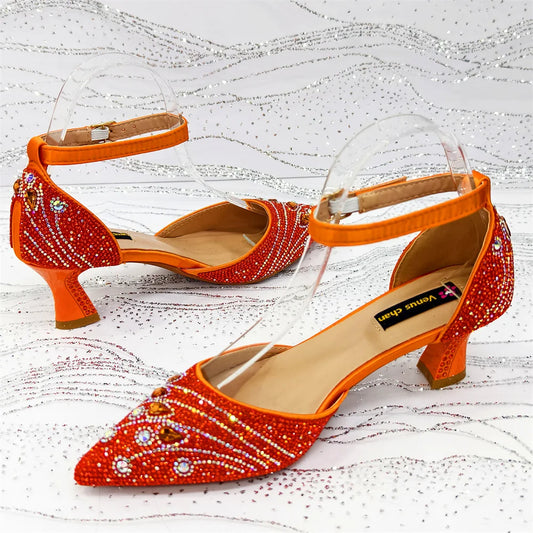 Elegant Italian Rhinestone Pointed-Toe High Heel Shoes with Matching Handbag Set - Stylish & Comfortable Women's Footwear
