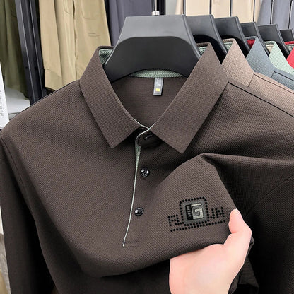 High End Brand Quality Men's Polo Shirt Autumn Exquisite Solid Color Letter Print Lapel Long Sleeve Business Classic Menswear