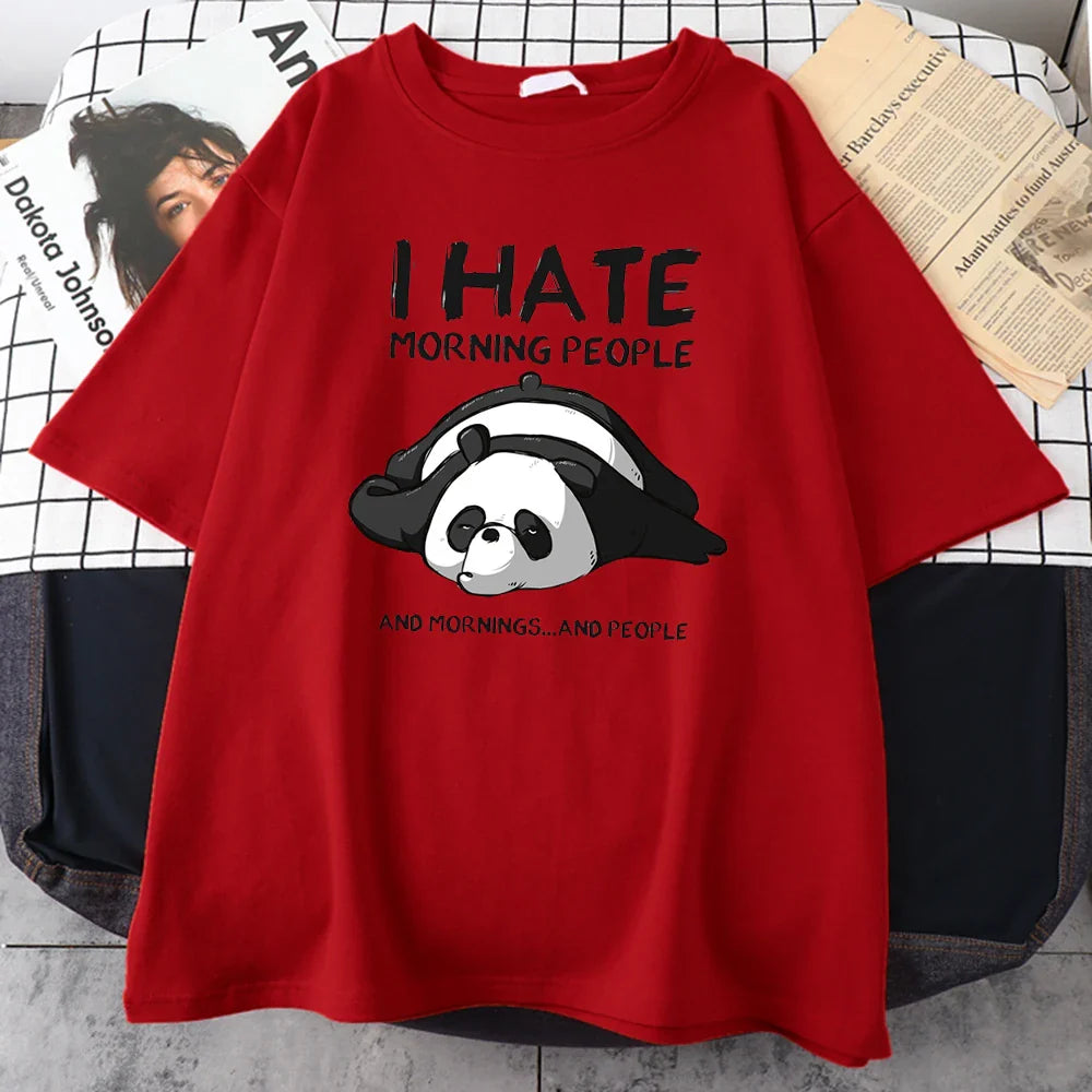 Lazy Panda I Hate Morning People Cartoons Men Clothing Casual All-math Cotton T-Shirts Oversize Breathable Mans Short Sleeve