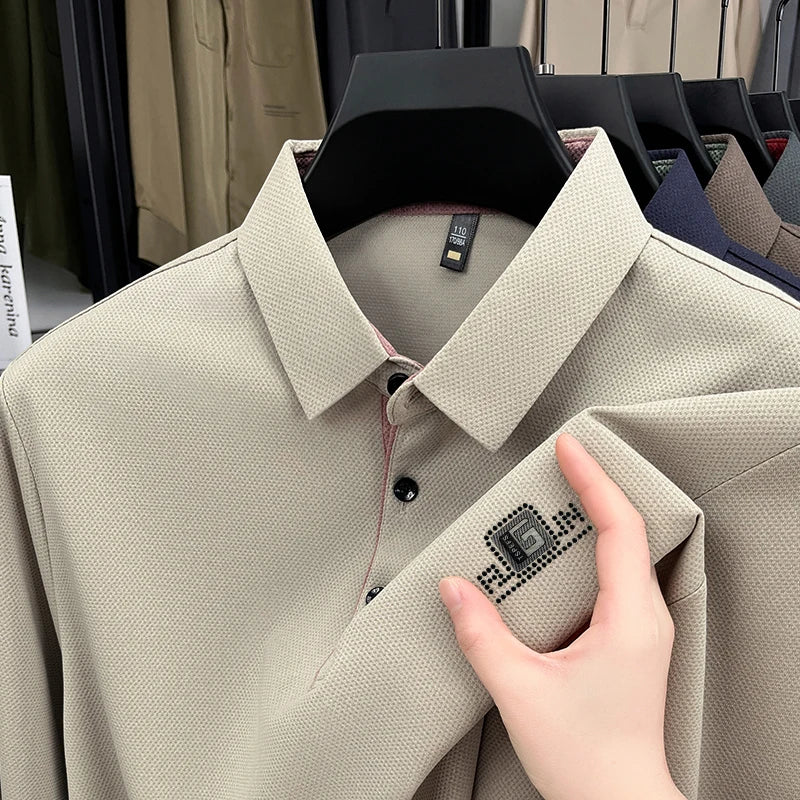 High End Brand Quality Men's Polo Shirt Autumn Exquisite Solid Color Letter Print Lapel Long Sleeve Business Classic Menswear