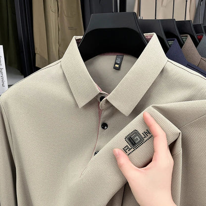 High End Brand Quality Men's Polo Shirt Autumn Exquisite Solid Color Letter Print Lapel Long Sleeve Business Classic Menswear