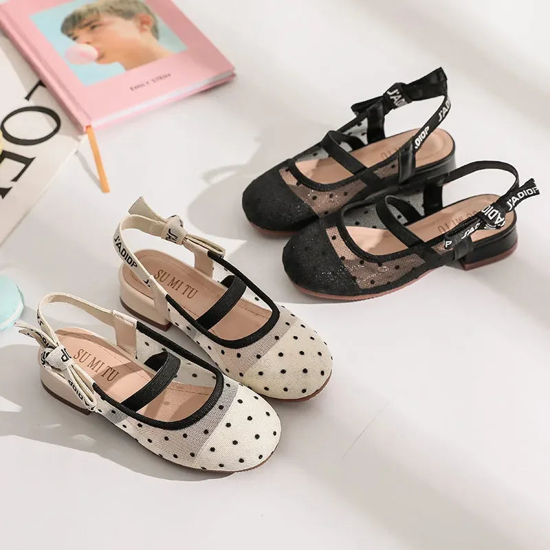 Mesh Black White Polka Dot Shoes Sandals for Girls with Heels Mules Sling Back Shoes for Girls Luxury Shoes for Girls To Dress