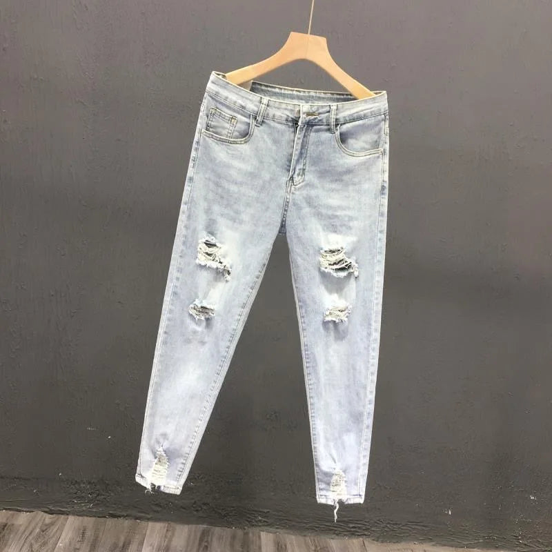 2023 Spring and Autumn New Men's Fashion Solid Color Ripped Jeans Men's Casual Comfort Elastic High-Quality Small Foot Pants