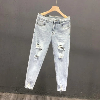 2023 Spring and Autumn New Men's Fashion Solid Color Ripped Jeans Men's Casual Comfort Elastic High-Quality Small Foot Pants