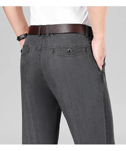 2026 New Men's Summer Jeans Thin Loose Stretch Large Size Ice Silk Straight Pants Elite Business Casual Pants Smoke Gray Blue