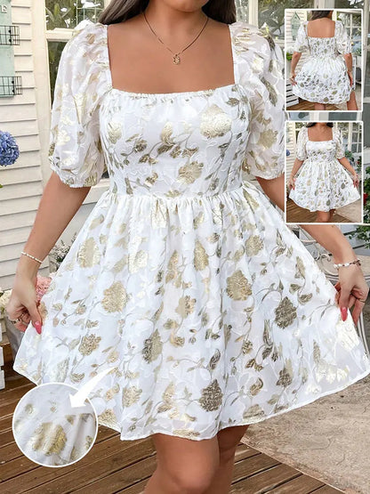 New French Elegant Square Neck Gold Digital Print Plus Size Dress Short Lantern Sleeve Mini Skirt Party Wedding Guest Dresses