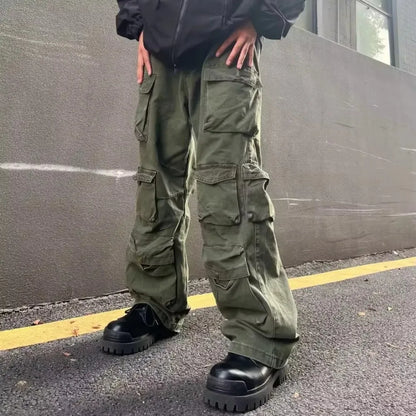 2025SS New Men's Casual Hip-hop Multi Pocket Functional American Retro Brand Fashionable Straight Leg Wide Leg Work Pants Y2K