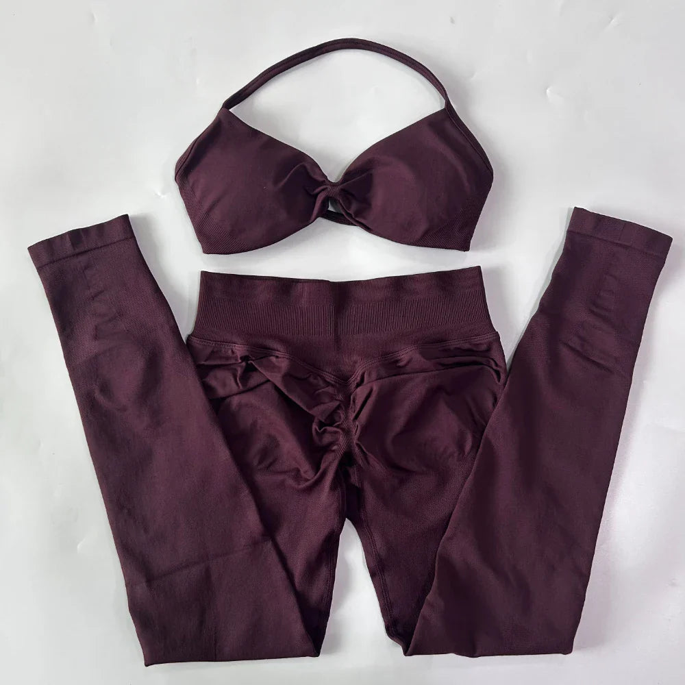 2 Pieces Set For Woman Strappy Yoga Bra Sports Top Workout Leggings Set Seamless Gym Set Fitness Clothes Outfit Activewear