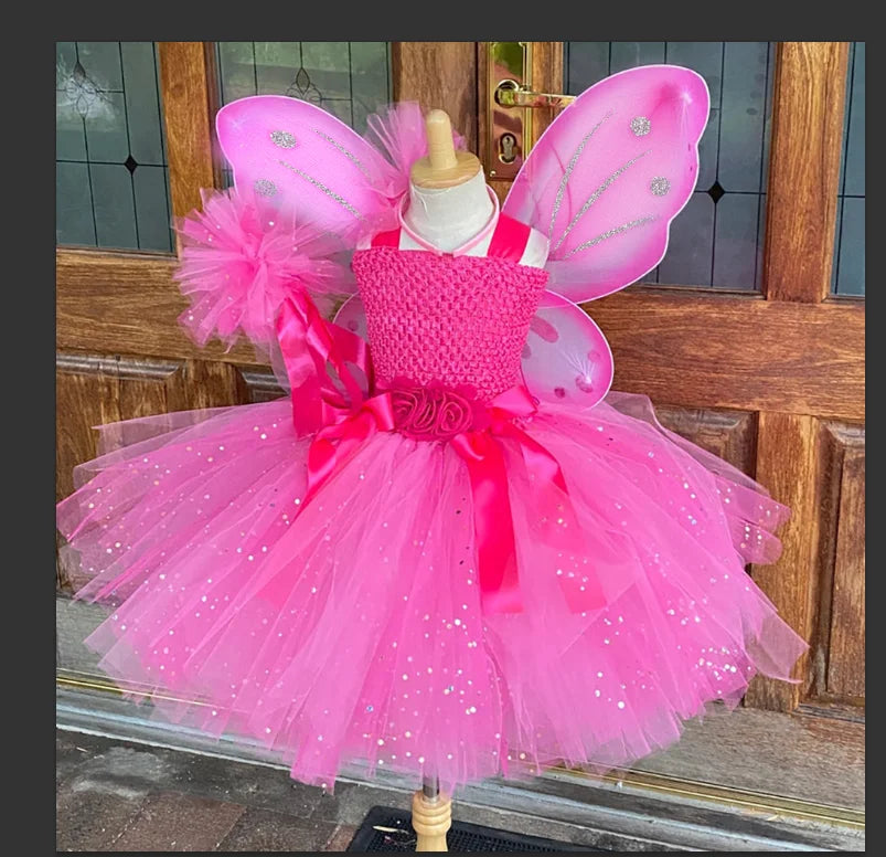 Girls Pink Glitter Tulle Dress Kids Butterfly Fairy Tutu Dresses with Wing and Stick Hairbow Children Halloween Cosplay Costume