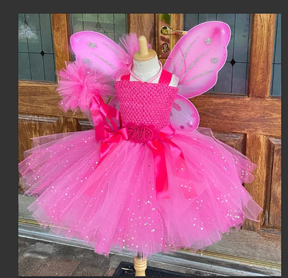 Girls Pink Glitter Tulle Dress Kids Butterfly Fairy Tutu Dresses with Wing and Stick Hairbow Children Halloween Cosplay Costume