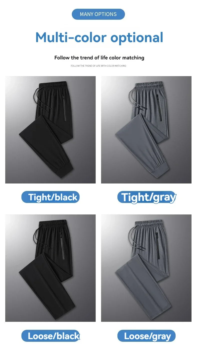 New High-quality Ice Silk Men Casual Straight Leg Pants Two-piece Set For Summer Lightweight Breathable Outdoor Sports Leggings